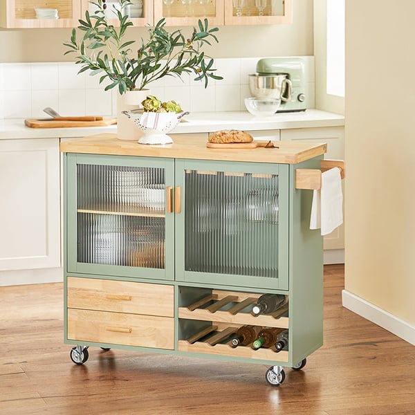 Rootz Keittiövaunu FKW114-GR - Keittiösaari - Senkki - Viinilasiteline - Pullohylly - Kestävä MDF & Bambu - 109cm x 92cm x 40cm