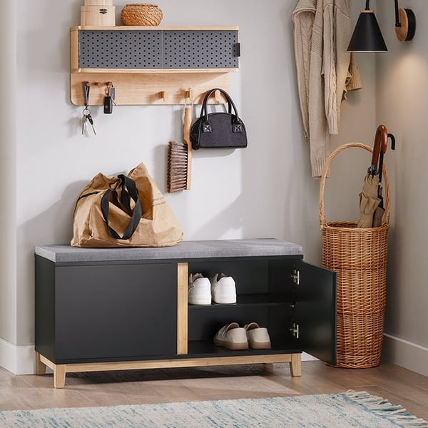 Rootz skobænk med polstret sæde - Entrébænk - Opbevaringsorganisator - Justerbare hylder - Holdbare bambusben - 90 cm x 47 cm x 34 cm