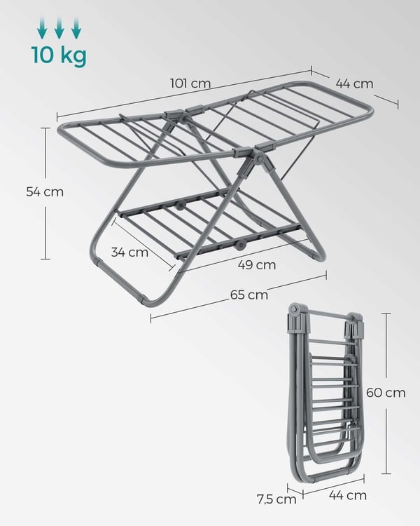 Rootz Dove Grå Vaskestativ i stål og PP Plast - Vaskestativ - Tørrestativ - Kompakt design - Letvægts - Nem montering - 44 cm x 101 cm x 54 cm (D x B