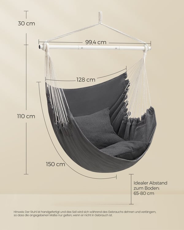 Rootz Hængestolsgynge - Hængekøjestol - Skifergrå - Polyester-bomuldsblanding - Stålstang - 140 cm x 150 cm x 128 cm - 3,4 kg - 150 kg Kapacitet