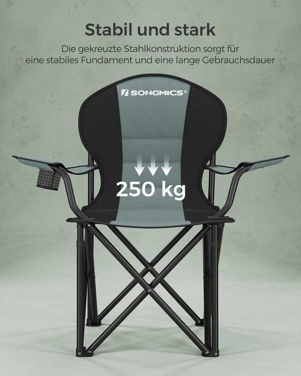 Rootz grøn-sort campingstol - Bærbar stol - Foldbart sæde - 600D Oxford stof - Letvægts - Holdbar - Komfortabel - 55 cm x 90 cm x 102 cm