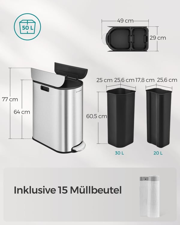 Rootz Metallisk Sølv Stål Skraldespand - Affaldsspand - Skraldespand - Fodpedal - PP Plast Indvendig spand - 20L & 30L Kapacitet - 49cm x 29cm x 64cm