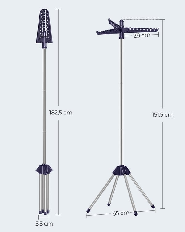 Rootz bærbart vaskestativ i blå-sølv - Rustfrit stålstativ - Plastfoldbart stativ - Letvægts - Kompakt - Nem montering - 65 cm x 65 cm x 150 cm (Ufold
