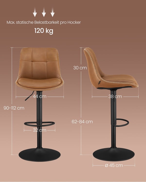 Rootz 2-delt sæt barstole - Køkkenskamler - Stole i modhøjde - PU-materiale - Forkromet stål - Skumpolstring - 44 cm x 48 cm x (90-112) cm - Karamelbr