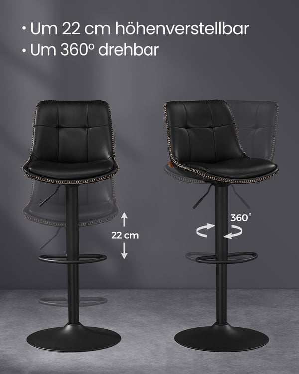 Rootz 2-delt sæt barstole - Køkkenskamler - Stole i modhøjde - PU-materiale - Forkromet stål - Skumpolstring - 44 cm x 48 cm x (90-112) cm - Blæk sort
