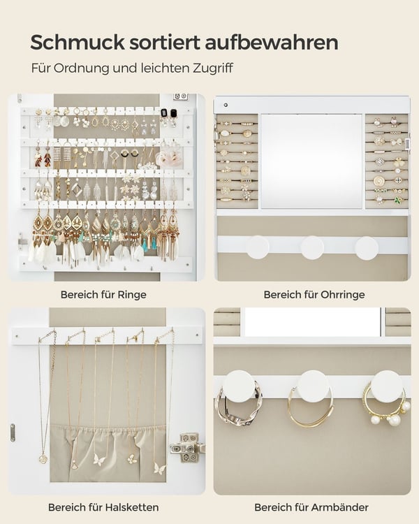 Rootz smykkeskab - Hvidt fløjlsforet skab - MDF-glasorganisator - Stor opbevaringsplads - Elegant design - 10 cm x 42 cm x 108 cm