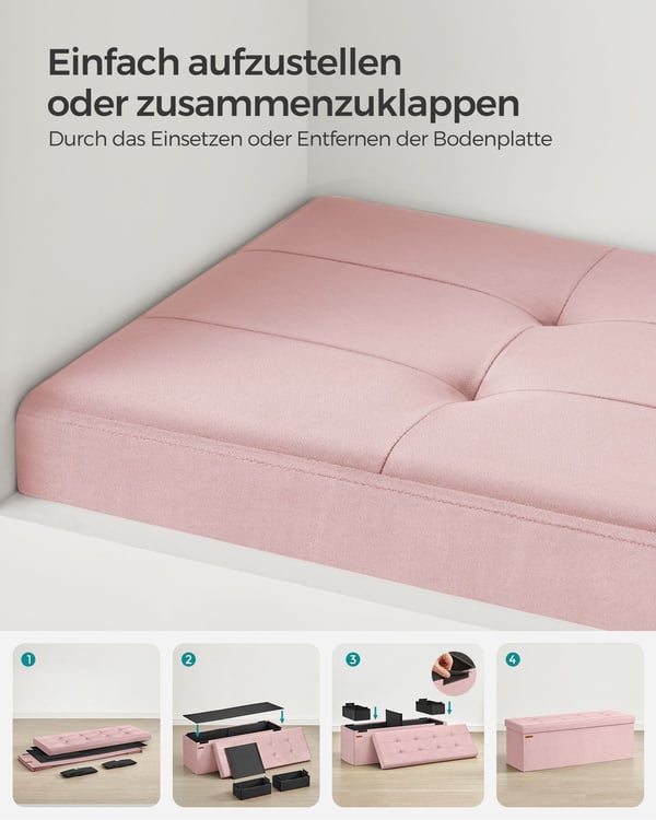Rootz Pastel Pink sædekiste - Opbevaring Ottoman - Polstret bænk - MDF fløjlskum - 131L Kapacitet - 38cm x 110cm x 38cm