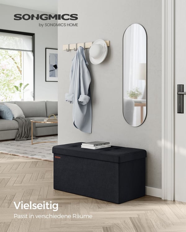 Rootz Velvet sædekiste - Opbevaring Ottoman - Polstret bænk - MDF konstruktion - 38cm x 76cm x 38cm - Blæk sort - 89L Kapacitet