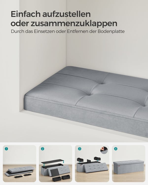 Rootz Dove Grey Velvet Sædekiste - Opbevaring osmannisk - Polstret bænk - MDF-konstruktion - 38 cm x 110 cm x 38 cm - Letvægts - Rummelig - Robust