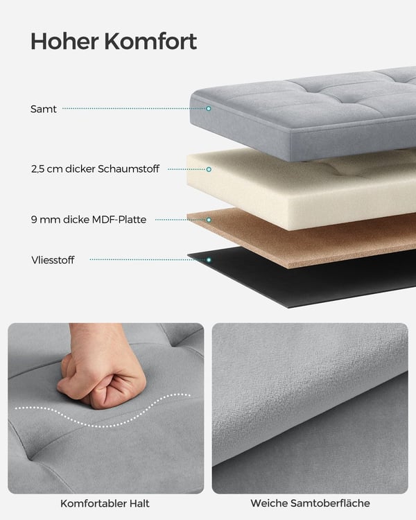 Rootz Dove Grey Velvet Sædekiste - Opbevaring osmannisk - Polstret bænk - MDF-konstruktion - 38 cm x 110 cm x 38 cm - Letvægts - Rummelig - Robust