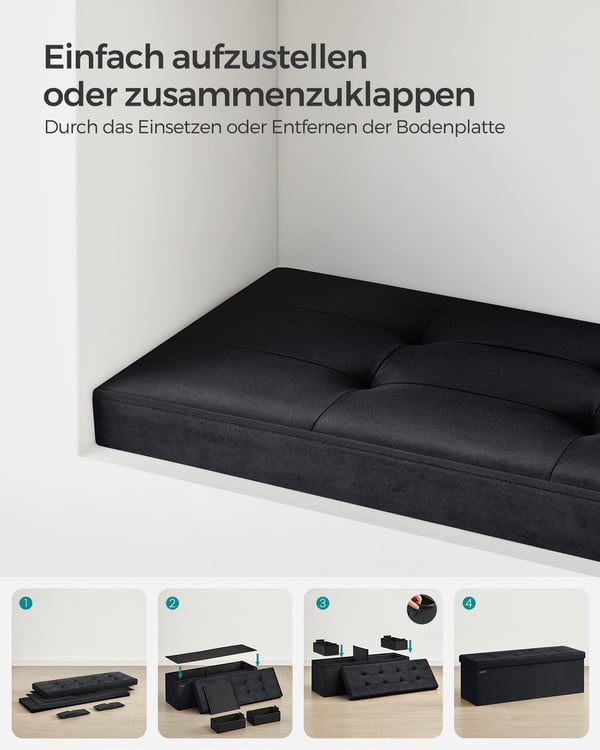 Rootz Velvet sædekiste - Opbevaring Ottoman - Polstret bænk - MDF konstruktion - 38cm x 110cm x 38cm - Blæk sort - 131L Kapacitet