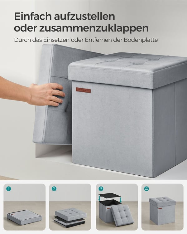 Rootz Dove Grå sædekiste - Opbevaring Ottoman - Fodskammel - MDF-fløjlskum - 300 kg Kapacitet - 38 cm x 38 cm x 38 cm