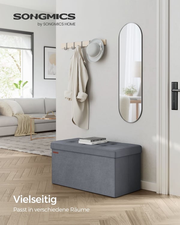 Rootz Velvet sædekiste - Opbevaring Ottoman - Fodstøtte - MDF ramme - Skifergrå - 38cm x 76cm x 38cm - Letvægts - Høj kapacitet - Komfortabel