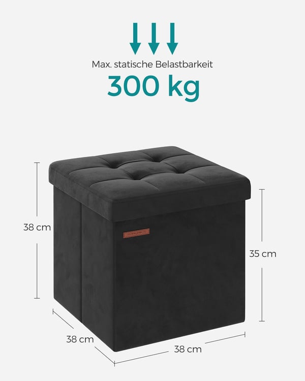 Rootz Velvet sædekiste - Opbevaring Ottoman - Polstret bænk - MDF konstruktion - 38cm x 38cm x 38cm - Blæk sort - 43L Kapacitet
