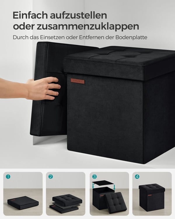 Rootz Velvet sædekiste - Opbevaring Ottoman - Polstret bænk - MDF konstruktion - 38cm x 38cm x 38cm - Blæk sort - 43L Kapacitet