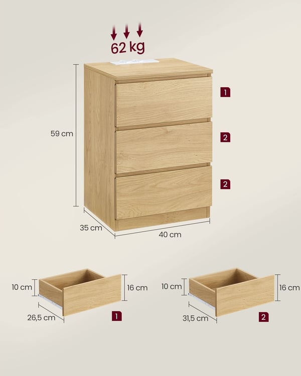 Rootz spånplade sengebord - Natbord - Endebord - Ibenholtssort - Letvægts - Robust - Nem montering - 35 cm x 40 cm x 59 cm