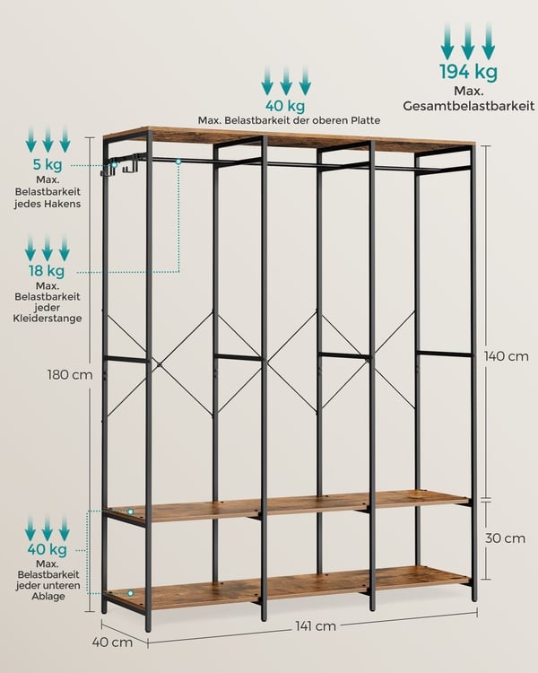 Rootz Vintage Brown Tøjstativ - Beklædningsstativ - Garderobeskabe - Stålspånplade - Kraftig - Nem montering - 40 cm x 141 cm x 180 cm