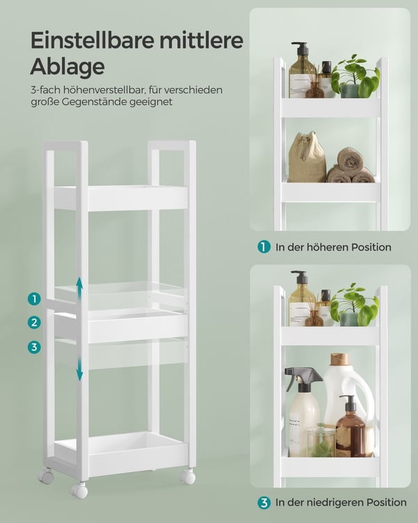 Rootz White Opbevaringsvogn - Rullevogn - Hjælpevogn - MDF og bambus - Letvægts - Rummelig - Nem montering - 20 cm x 30 cm x 80 cm