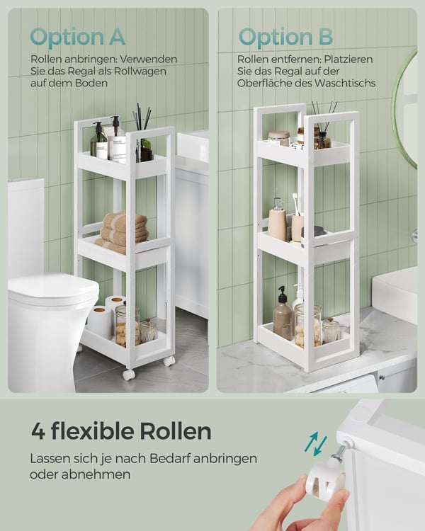 Rootz White Opbevaringsvogn - Rullevogn - Hjælpevogn - MDF og bambus - Letvægts - Rummelig - Nem montering - 20 cm x 30 cm x 80 cm