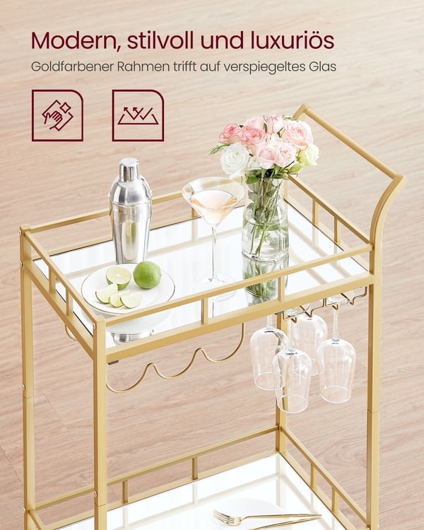 Rootz Gold Steel Spejlglasvogn - Barvogn - Serveringsvogn - Robust konstruktion - Rummelige hylder - Nem montering - 38cm x 60cm x 90cm