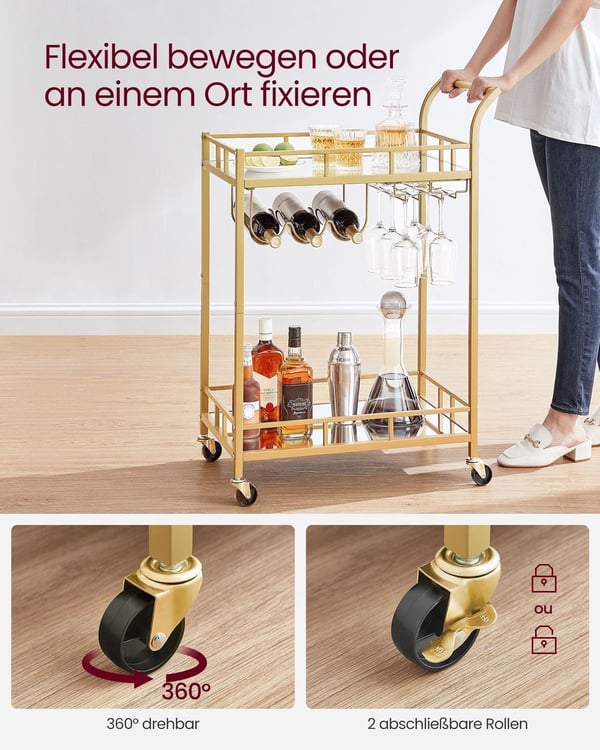 Rootz Gold Steel Spejlglasvogn - Barvogn - Serveringsvogn - Robust konstruktion - Rummelige hylder - Nem montering - 38cm x 60cm x 90cm