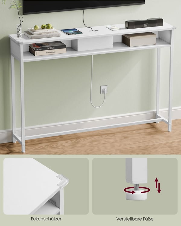 Rootz Snehvide spånpladestålsidebord - Endebord - Natbord - Power Strip - Letvægts - Robust - Nem montering - 25 cm x 120 cm x 81,1 cm