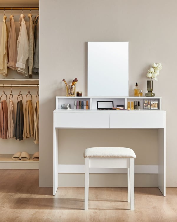 Rootz White spånplade toiletbord - Sminkebord - Makeup skrivebord - Rummelig opbevaring - Robust konstruktion - Nem montering - 40 cm x 100 cm x 140 c