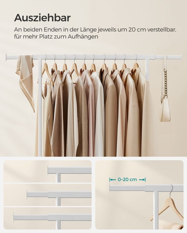 Rootz Classic White Tøjstativ - Beklædningsstativ - Rullegarderobe - Stålkonstruktion - PP-hjul - Justerbar højde - 45,4 cm x (92-132) cm x 160 cm - L