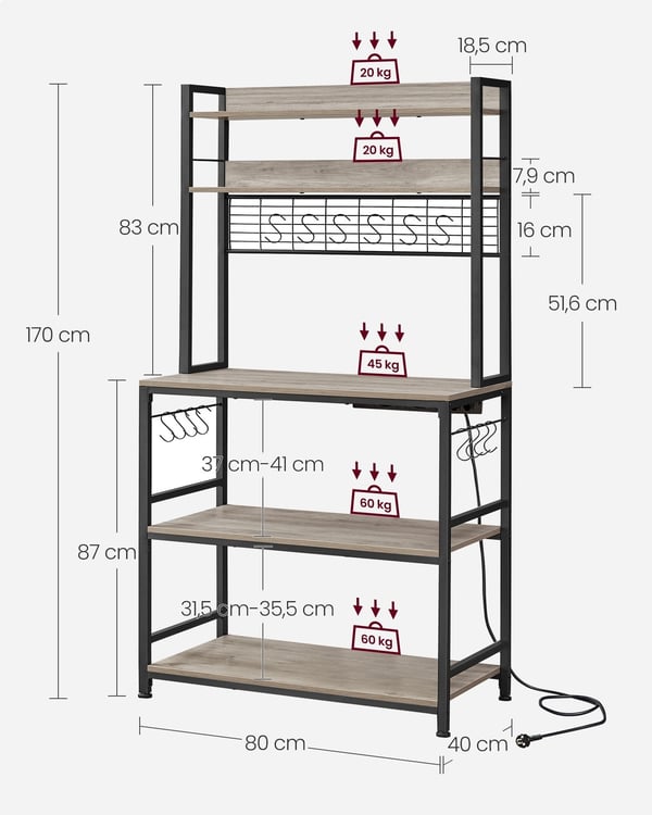 Rootz Greige sort kagerol - Opbevaringshylde - Spånpladestål - Heavy Duty - Nem montering - 40cm x 80cm x 170cm