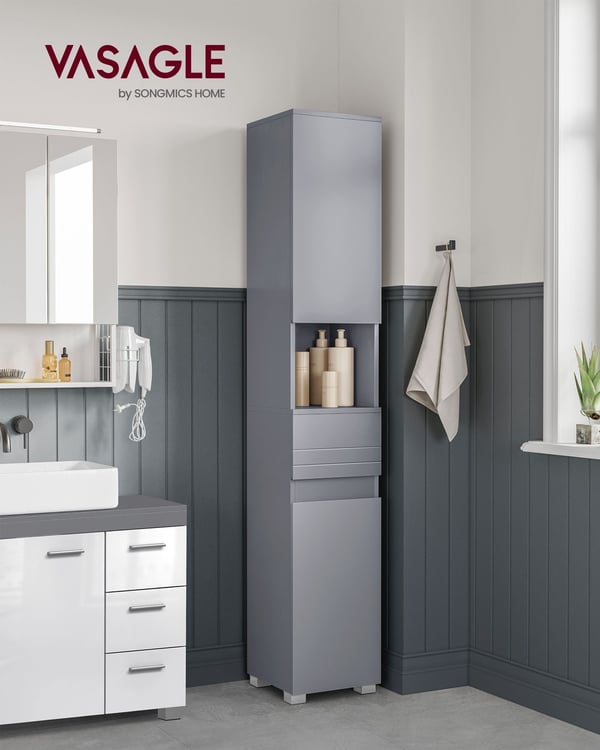 Rootz Mystic Grey Badeværelsesskab - Opbevaringsenhed - Højskab - MDF-konstruktion - Rummeligt design - Nem montering - 30cm x 30cm x 170cm