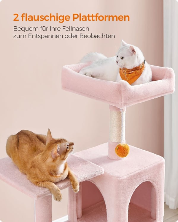 Rootz Cat kradsestolpe - Kitty Tree - Cat Tower - Spånplade Plys Sisal - 55cm x 45cm x 143cm - Pastel Pink - Robust konstruktion - Flere katte - Nem m
