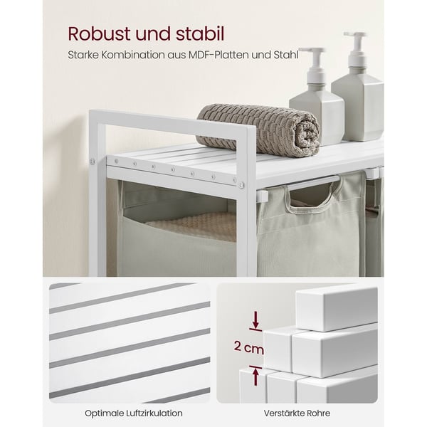 Rootz hvid vasketøjskurv med hylde - Opbevaringsorganer - Tøjkurv - MDF stål Oxford-klud - 92,5 cm x 33 cm x 72 cm - 25 cm x 30 cm x 51 cm - 8,1 kg -