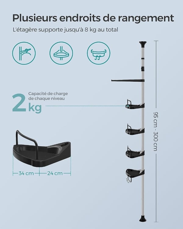 Rootz Shower Hylde Organizer - Badeværelse Caddy - Opbevaringsstativ - Rustfrit stål - Pladsbesparende - Nem installation - 24cm x 34cm x (95-300)cm