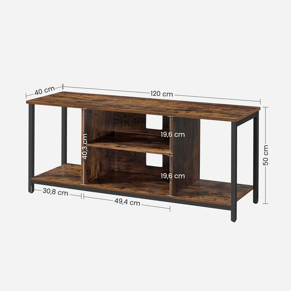 Rootz Vintage ruskea-musta TV-hylly - Viihdeteline - Mediakonsoli - Lastulevy ja teräs - 120cm x 40cm x 50cm - Suurin kuormitus 40kg - Helppo koota