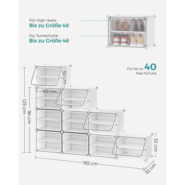 Rootz White 10 rum opbevaringshylde - Organiseringsstativ - Plastikhylder - ABS plastikstik - PP plastplade - Stålramme - 32 cm x 165 cm x 125 cm - Le
