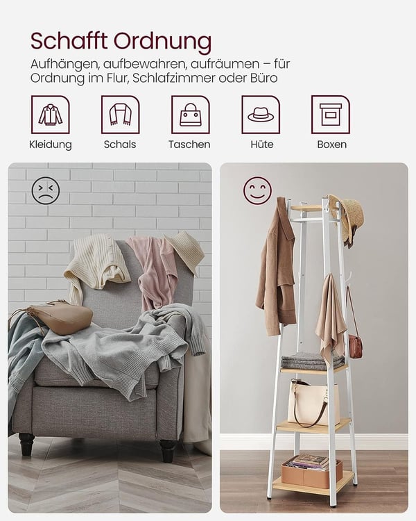 Rootz Knagerække - Eg Hvid - Spånplade stål - Entryway Organizer - Pladsbesparende - Nem montering - 43cm x 43cm x 180cm