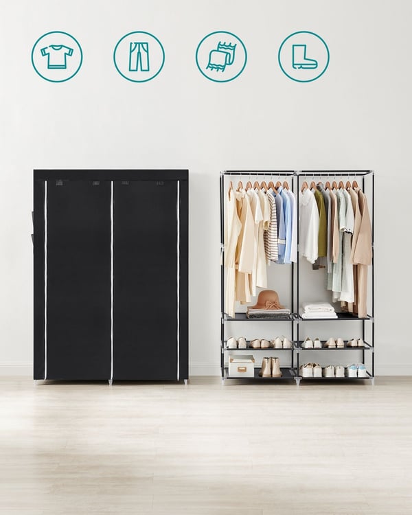 Rootz bærbart sort garderobeskab - Skabsorganisator - Tøjopbevaring - Stålramme - Ikke-vævet stof - Plastforbindelser - 45 cm x 127 cm x 176 cm - Letv