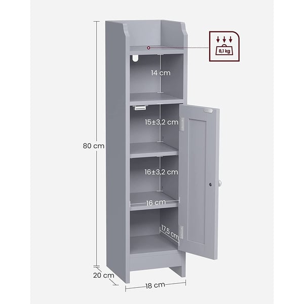 Rootz smalt badeværelsesskab - Opbevaringsskab - Organizer - MDF-materiale - Mystisk grå - 20 cm x 18 cm x 80 cm - Letvægts - Justerbare hylder - Nem