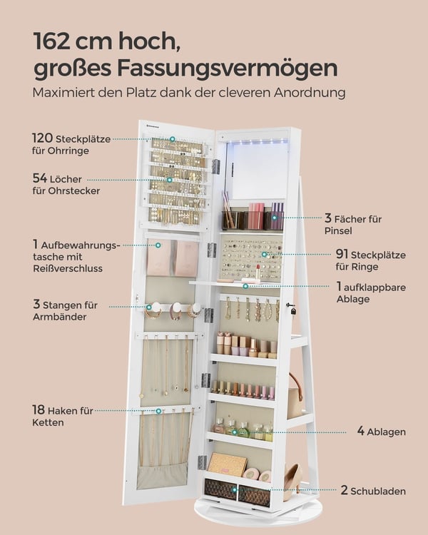 Rootz smykkeskab - hvid og grå - MDF stål fløjlglas - stor opbevaringskapacitet - indvendigt spejl - sikker lås - 54,5 cm x 54,5 cm x 162 cm