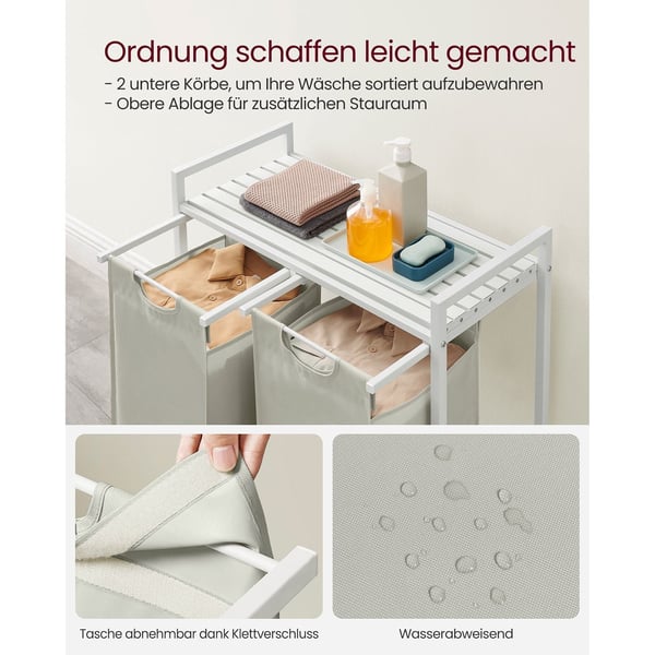 Rootz hvid vasketøjskurv med hylde - hæm - Opbevaringsorganer - MDF stålkonstruktion - Oxford stofposer - 73 cm x 33 cm x 72 cm - 30 kg Kapacitet - Pl