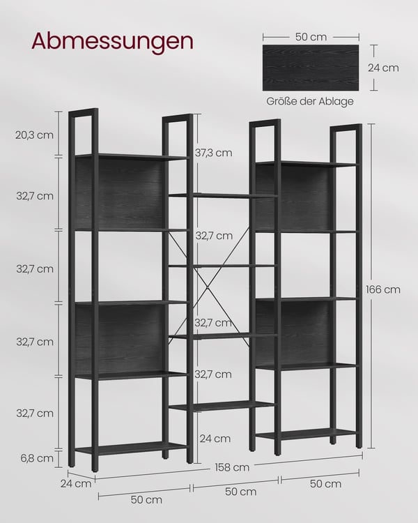 Rootz bogreol - Ebony Black-Ink Black - Spånpladestål - Stor opbevaring - Robust konstruktion - Nem montering - 24 cm x 158 cm x 166 cm