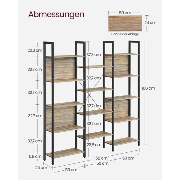 Rootz bogreol med blå korn-sort eg finish - Spånplade stål - Stor opbevaringsenhed - Robust konstruktion - Nem montering - 24 cm x 158 cm x 166 cm