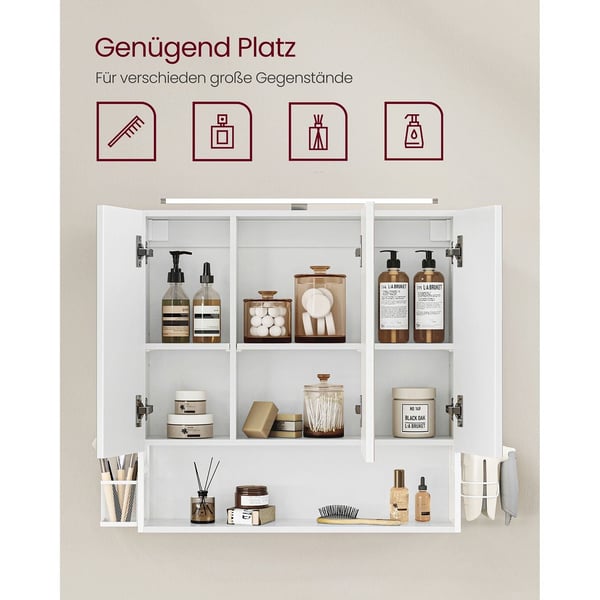 Rootz White Badeværelsesskab - Opbevaringsorganisator - Spånplade stålglas - Justerbare hylder - Hårtørrerholder - 14,5 cm x 70 cm x 70 cm