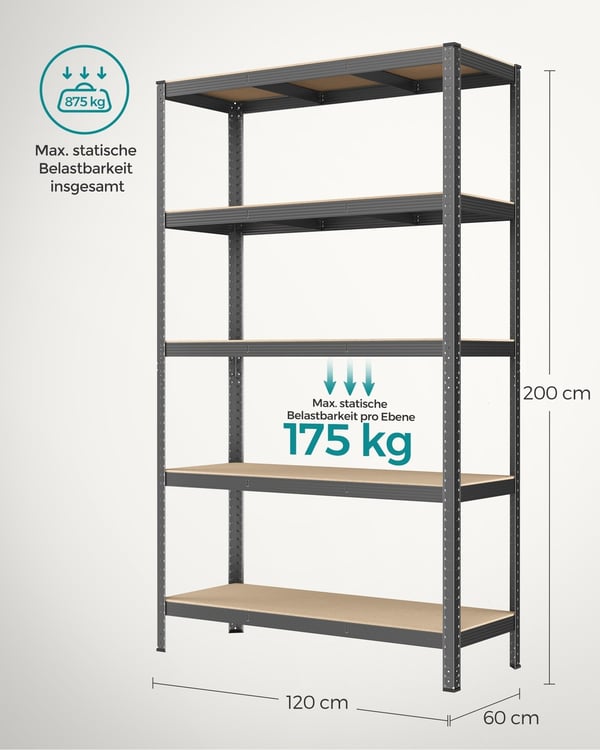 Rootz Grey Opbevaringsstativ - Reol - Organizer - Pulverlakeret stål - MDF - Heavy Duty - 60cm x 120cm x 200cm