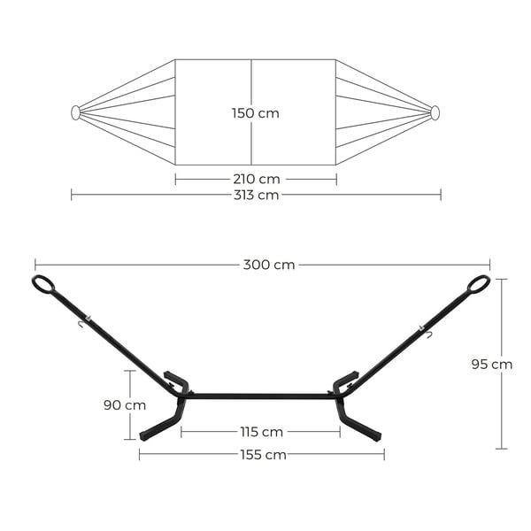 Rootz hængekøjesæt med stativ - Udendørs gynge - Afslapningsstation - Bomuld-polyesterstof - Stabil metalramme - 300 cm x 90 cm x 95 cm