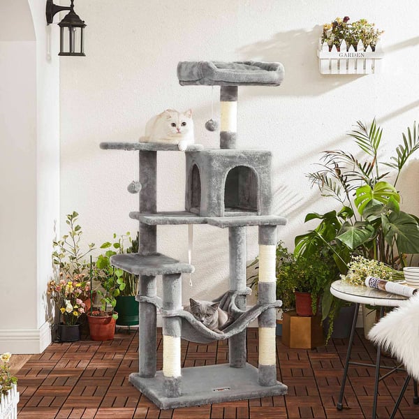 FEANDREA Kattekradsestolpe - Kitty Condo - Kattetræ - Plysbetræk - Hyggelig hule - Robust hængekøje - Udsigtsplatform - Pelsboldlegetøj - 60 cm x 50 c