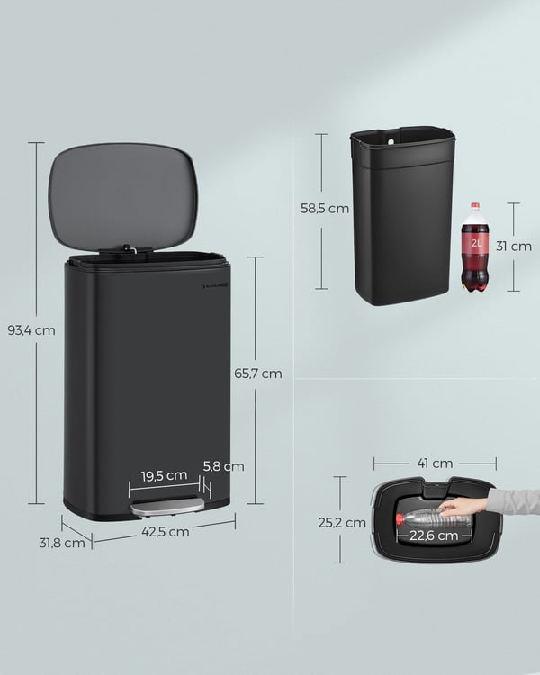 Rootz 50L sort skraldespand i stål - Skraldespand - Affaldskurv - Holdbar konstruktion - Håndfri betjening - Lugtkontrol - 42,5 cm x 31,8 cm x 65,7 cm
