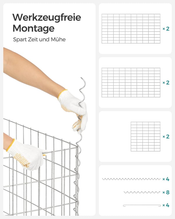 Sølv Rootz Gabion Sæt - Metal Mesh - Spiralpind - Afstandskroge - Galvaniseret stål - 100 cm x 50 cm x 50 cm - Heavy Duty - Nem montering - Alsidig br