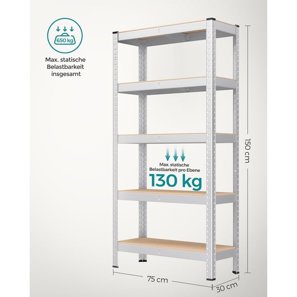 Rootz Heavy Duty Opbevaringsstativ - Reol - Metalstativ - Galvaniseret stål - MDF - 30 cm x 75 cm x 150 cm - 9,3 kg - 130 kg Hyldekapacitet - 650 kg S