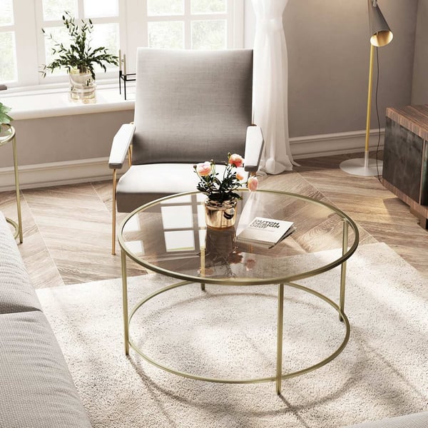 Rootz guldramme glas sofabord - stilfuldt accent bord - retro look - jern og hærdet glas - 84 cm x 84 cm x 45,5 cm